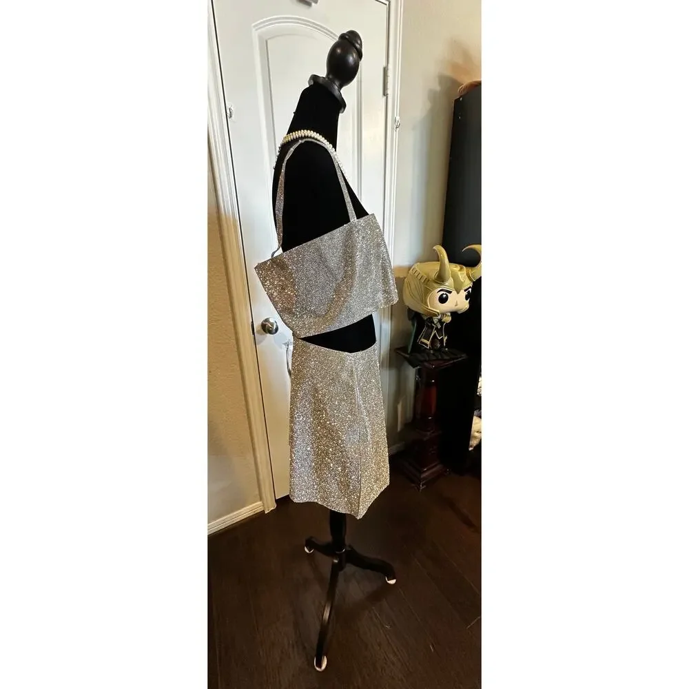 12TH TRIBE Shira Silver Rhinestone Crop Top Mini Skirt Set